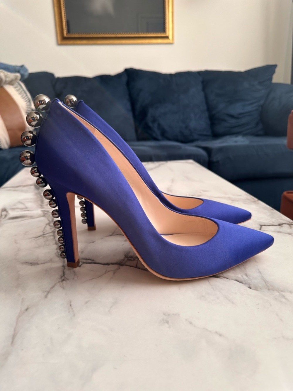 Eleanor Anukman Royal Blue Satin Pointed-Toe Pumps with Studded Heel, Size 11